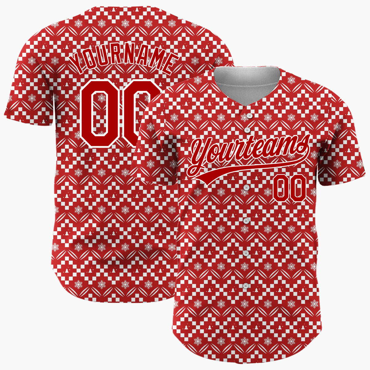 Custom Red Christmas Trees Geometric Nordic Fair Isle Christmas Baseball Jersey