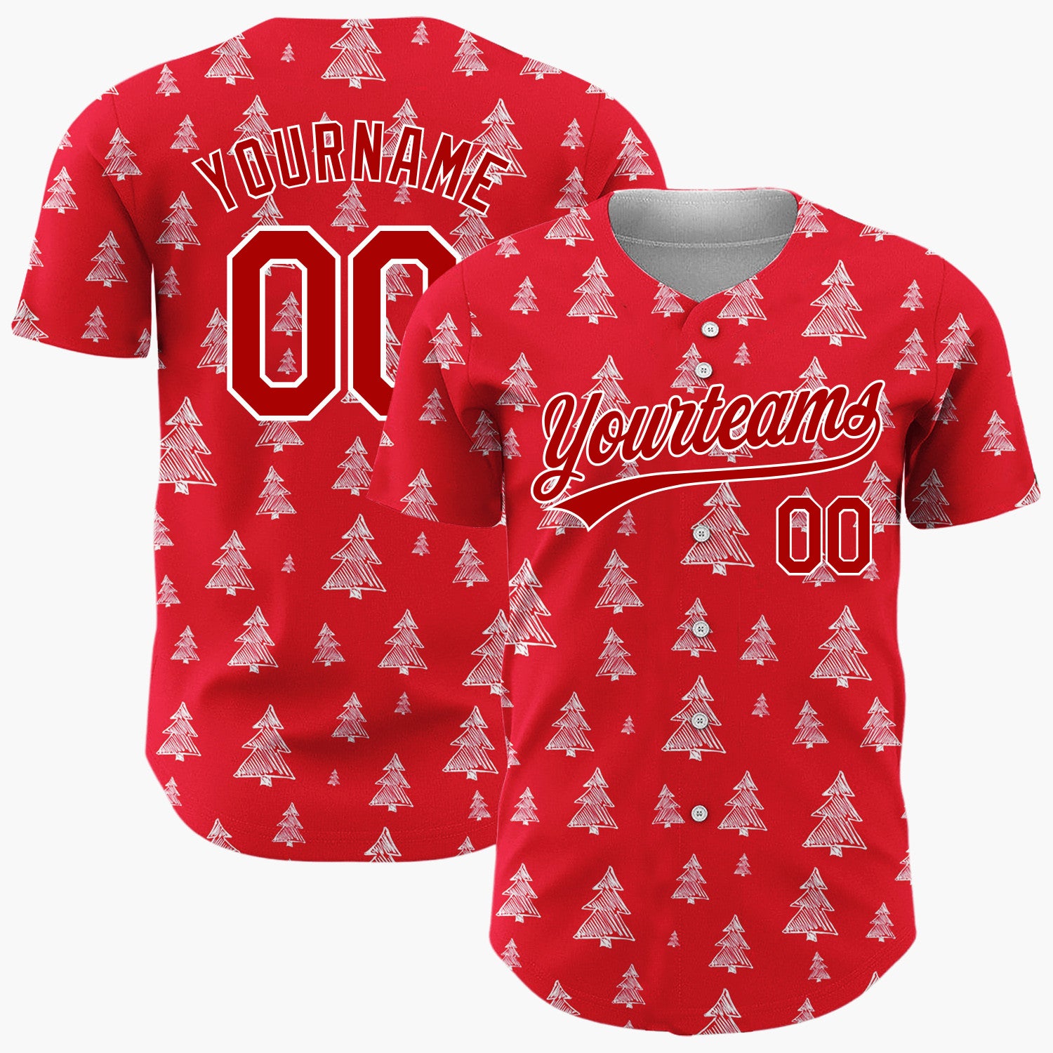 Custom Red White Sketch Christmas Trees Doodle Pattern Christmas Baseball Jersey