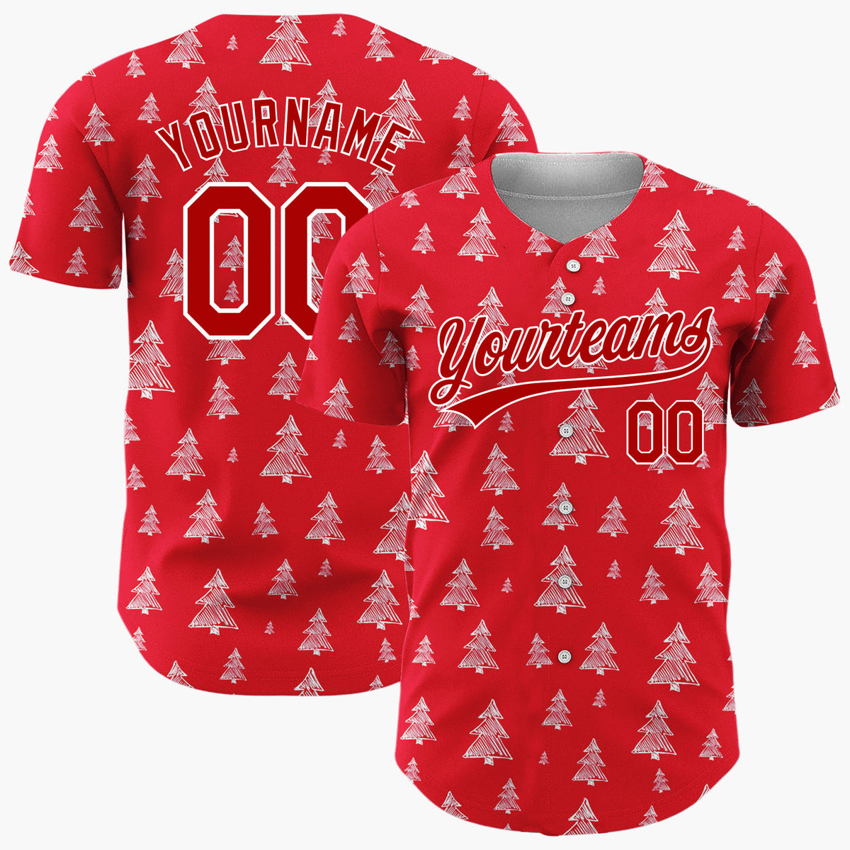 Custom Red White Sketch Christmas Trees Doodle Pattern Christmas Baseball Jersey
