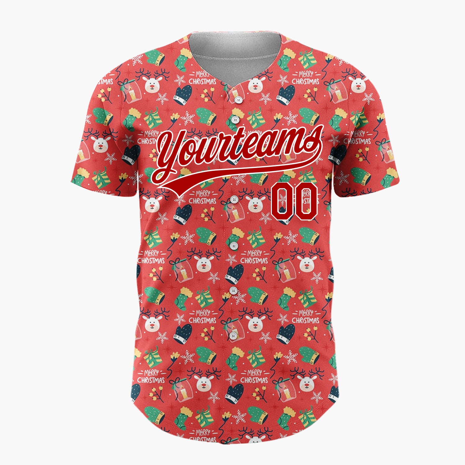 Custom Red Green Navy Bears Reindeer And Mittens Merry Christmas Baseball Jersey