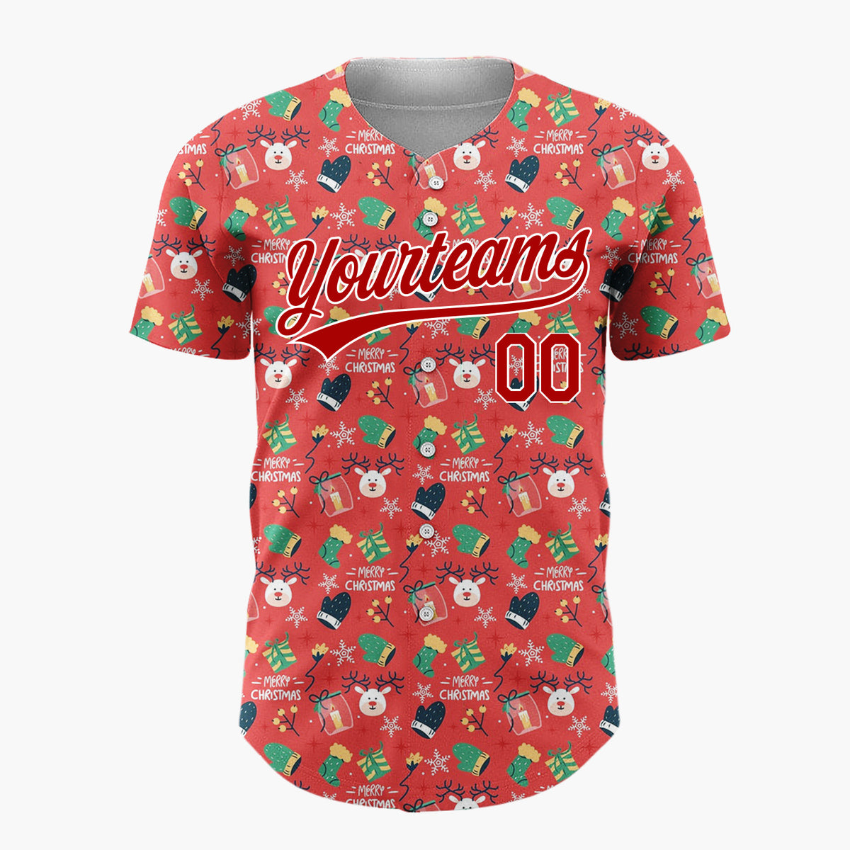 Custom Red Green Navy Bears Reindeer And Mittens Merry Christmas Baseball Jersey