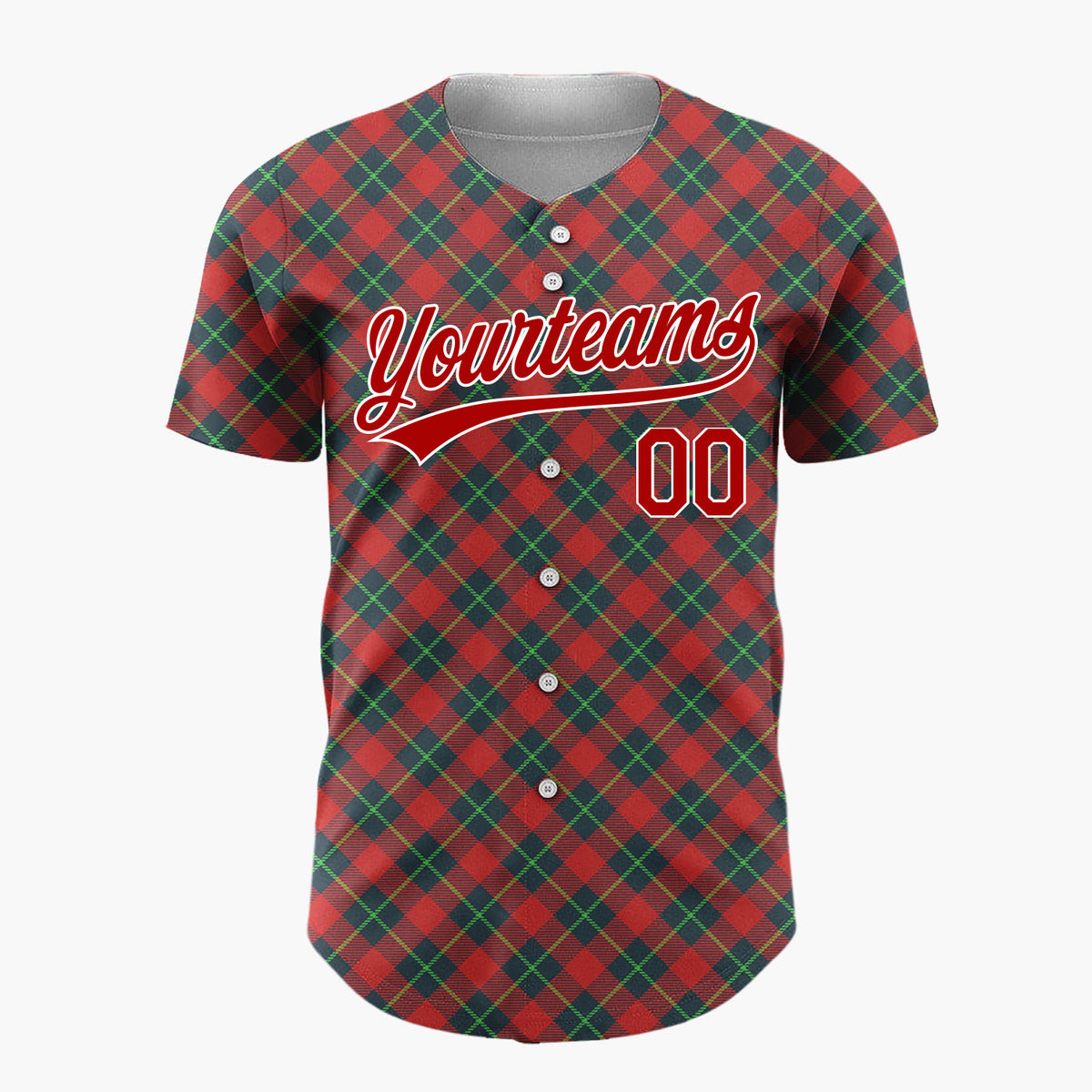 Custom Red Green Diagonal Plaid Tartan Fabric Pattern Christmas Baseball Jersey