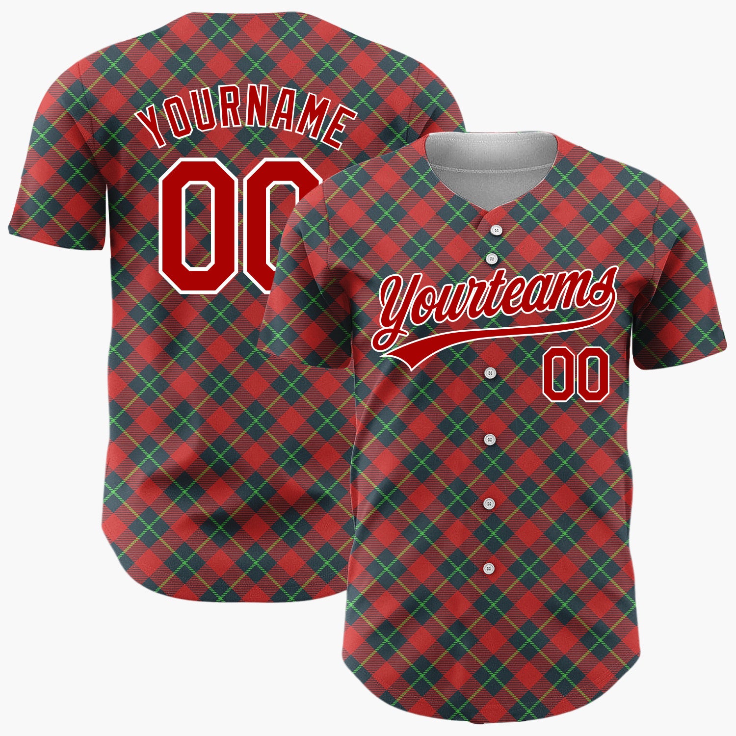 Custom Red Green Diagonal Plaid Tartan Fabric Pattern Christmas Baseball Jersey