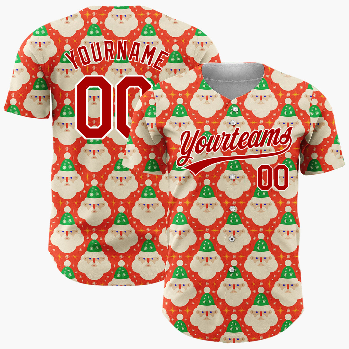 Custom Red Repeating Santa Face Retro Christmas Baseball Jersey