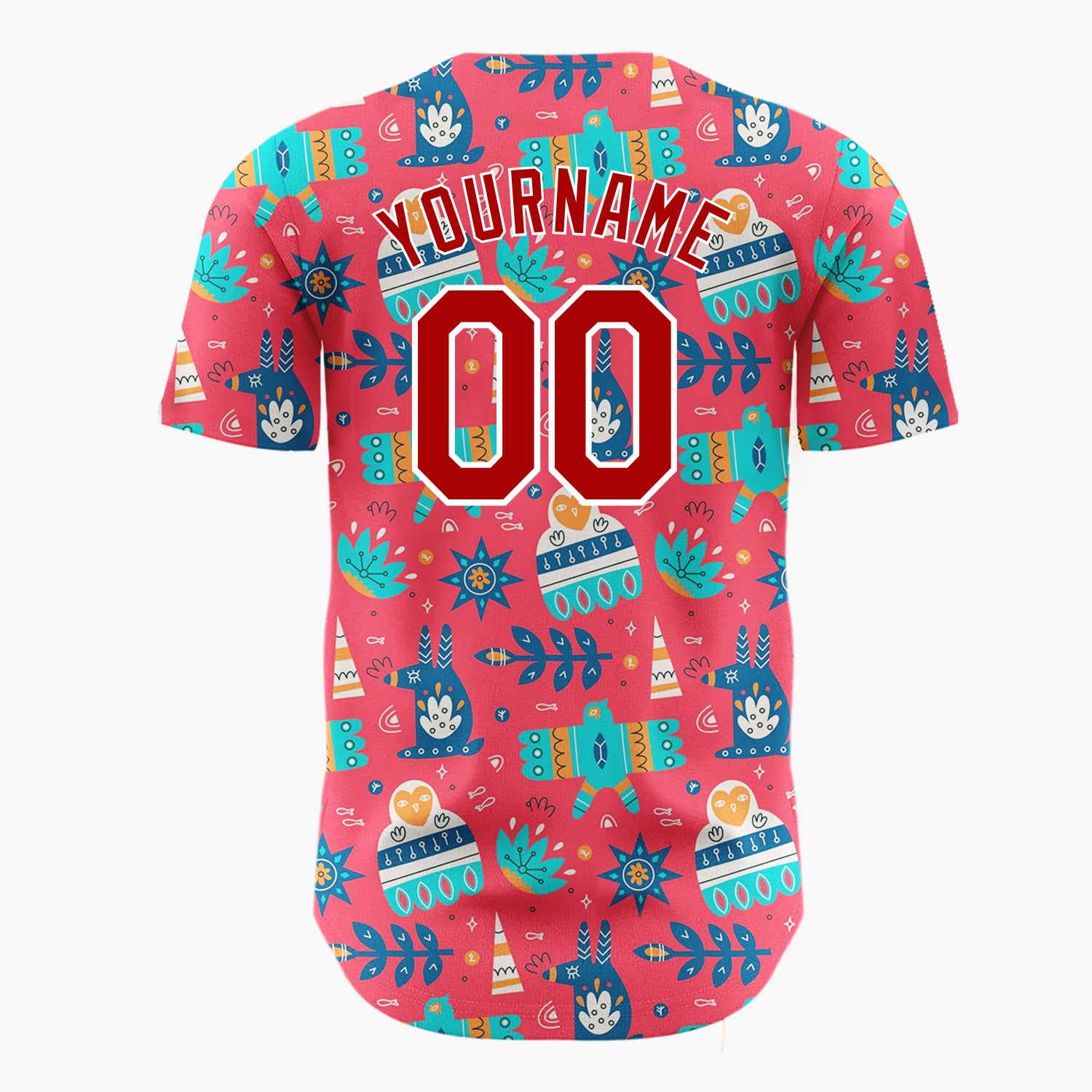 Custom Red Teal Folk Bird Star Abstract Christmas Baseball Jersey
