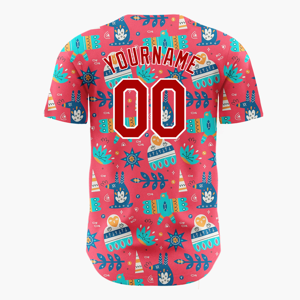 Custom Red Teal Folk Bird Star Abstract Christmas Baseball Jersey