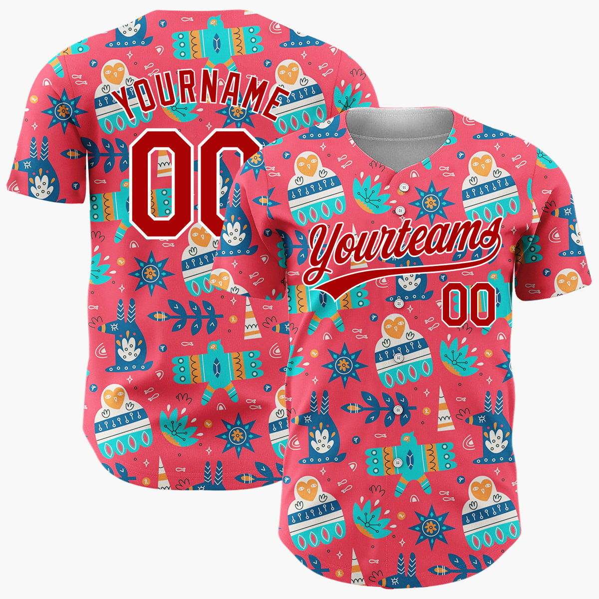 Custom Red Teal Folk Bird Star Abstract Christmas Baseball Jersey