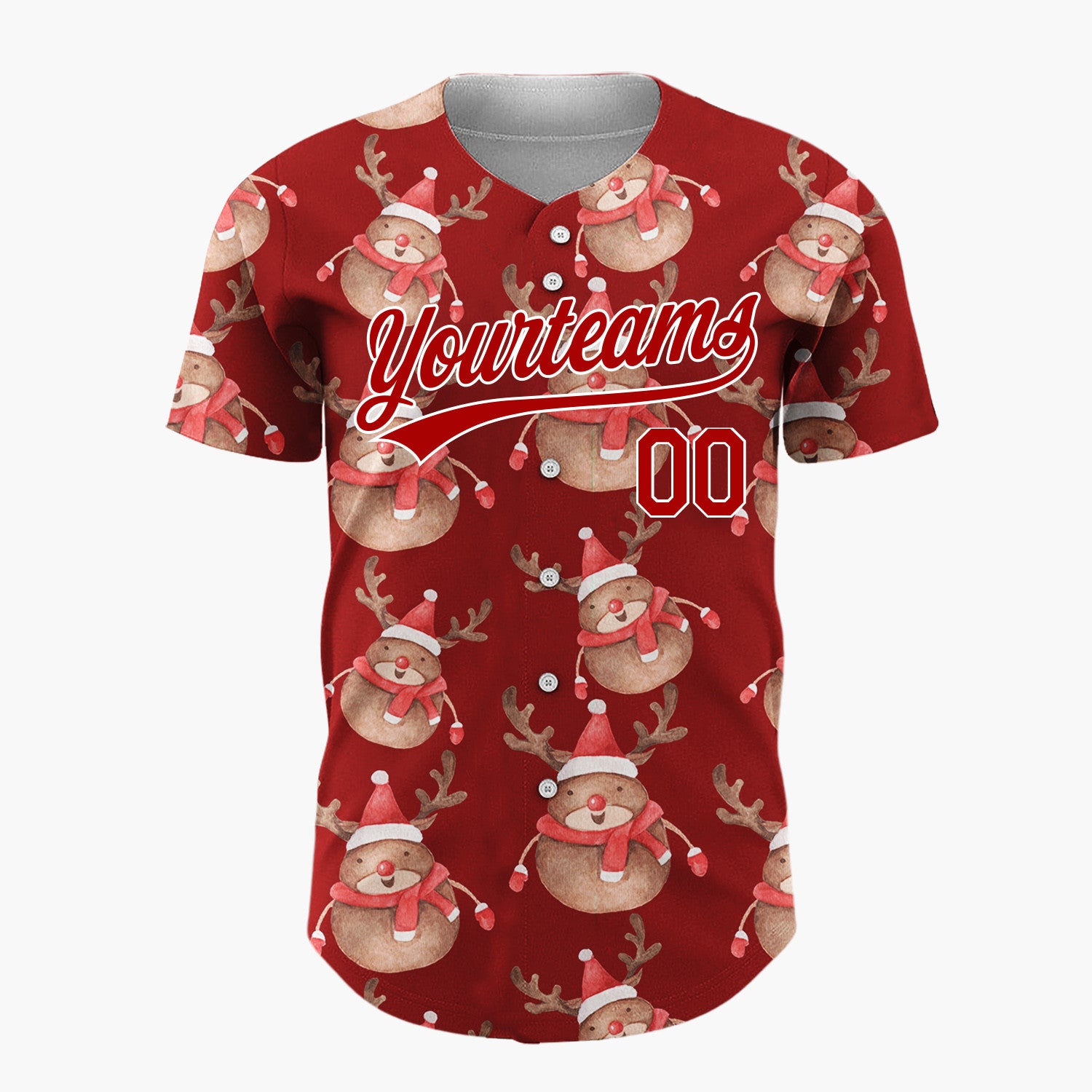 Custom Red Cute Reindeer Festive Watercolor Pattern Christmas Baseball Jersey