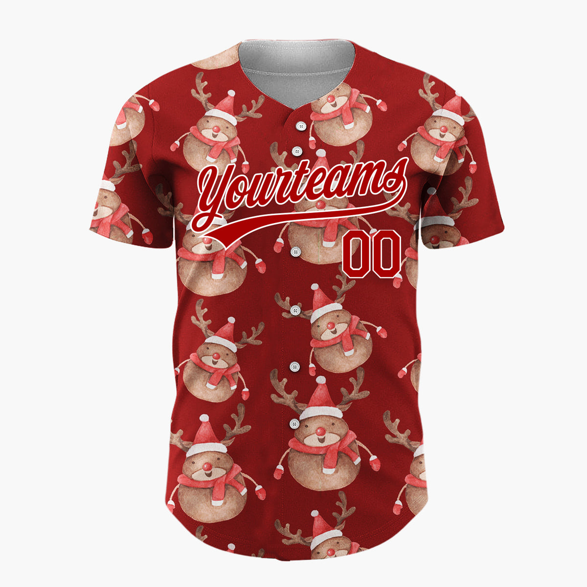 Custom Red Cute Reindeer Festive Watercolor Pattern Christmas Baseball Jersey