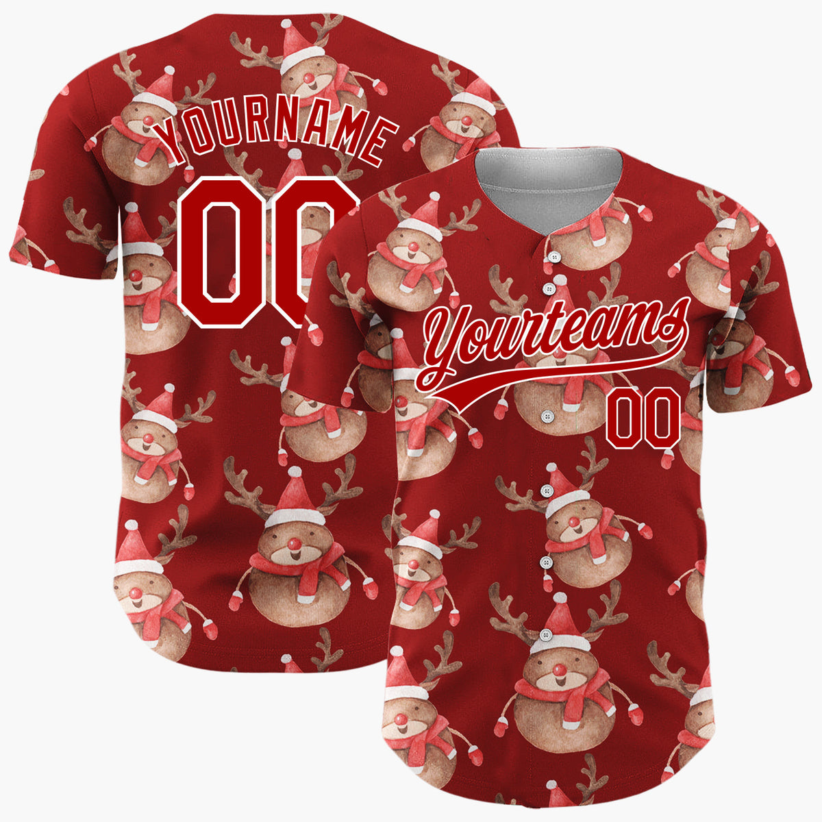 Custom Red Cute Reindeer Festive Watercolor Pattern Christmas Baseball Jersey
