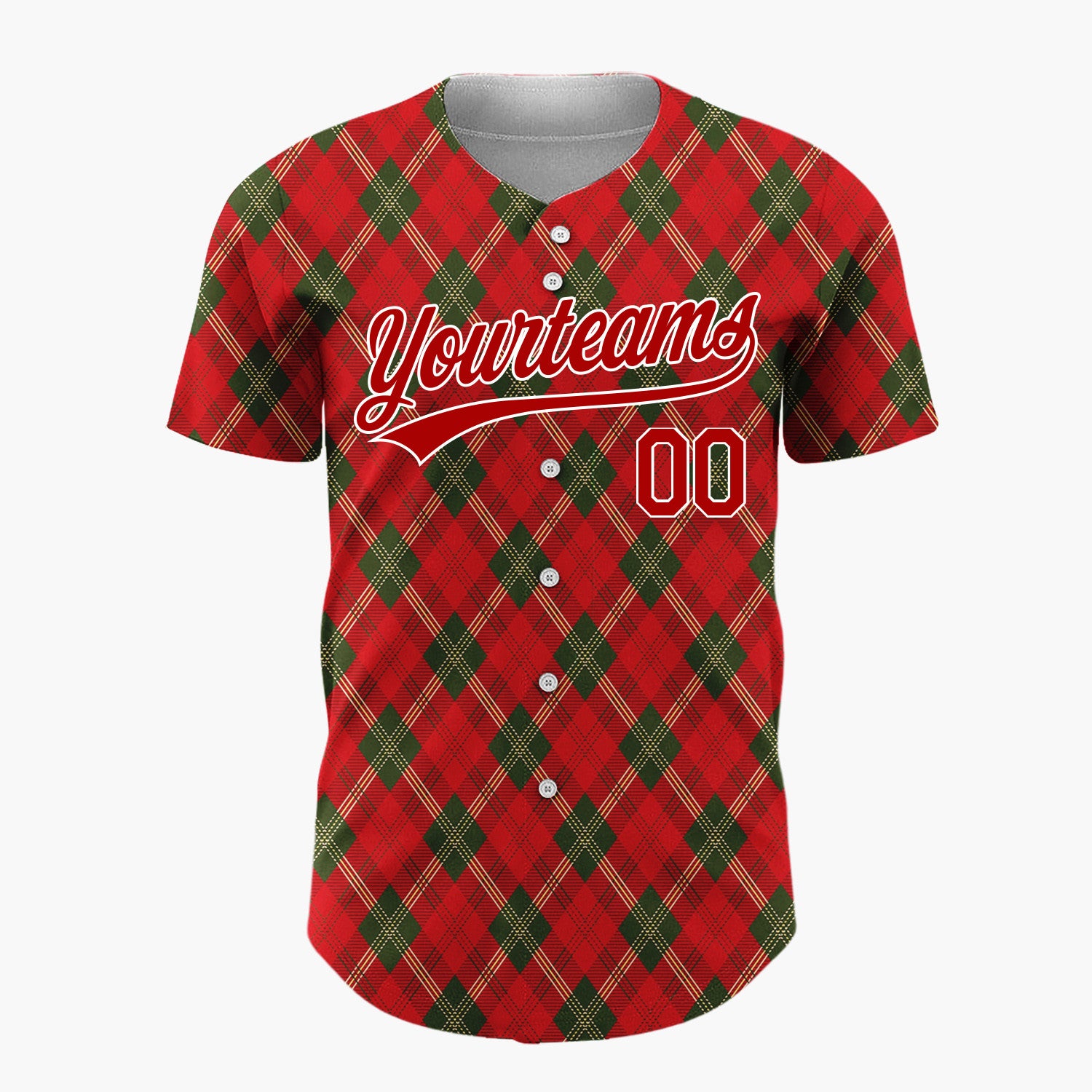 Custom Red Dark Green Diagonal Argyle Tartan Traditional Plaid Pattern Christmas Baseball Jersey