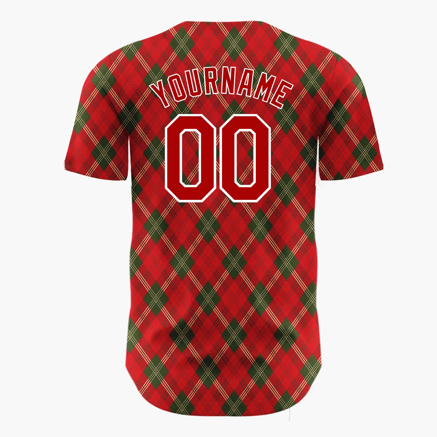 Custom Red Dark Green Diagonal Argyle Tartan Traditional Plaid Pattern Christmas Baseball Jersey