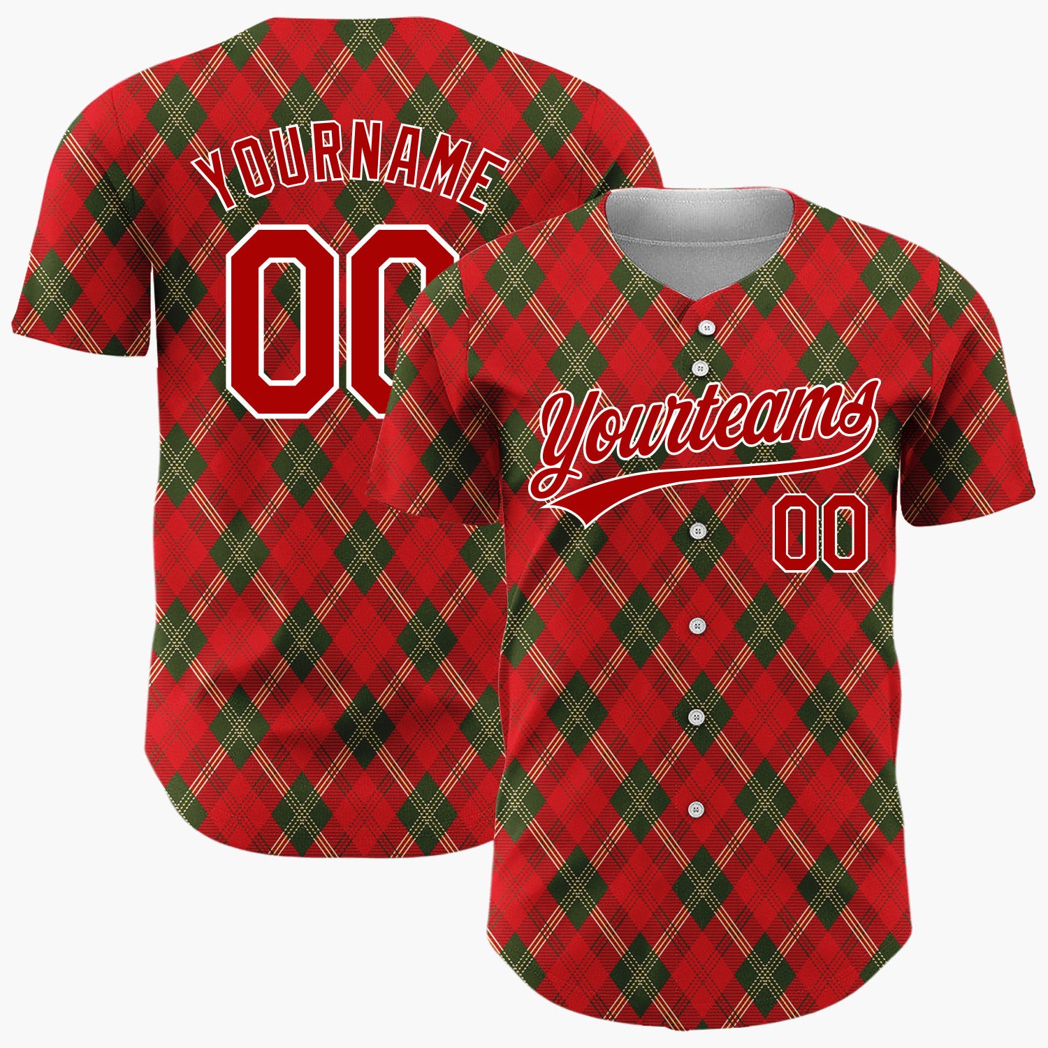 Custom Red Dark Green Diagonal Argyle Tartan Traditional Plaid Pattern Christmas Baseball Jersey