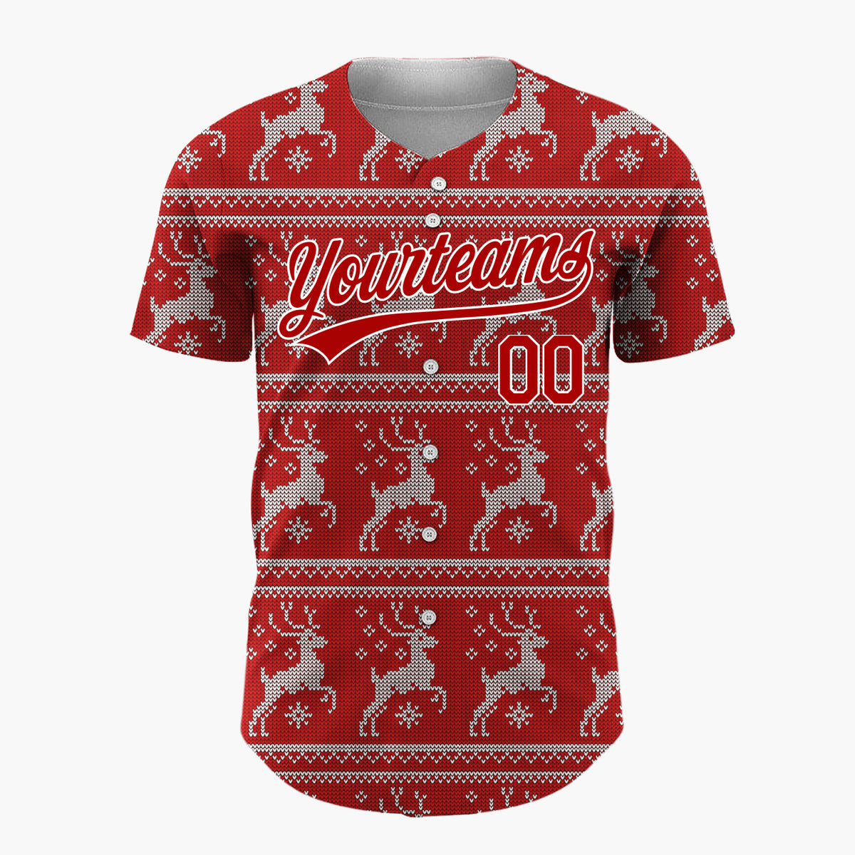 Custom Red Leaping Reindeer Nordic Fair Isle Knitted Pattern Christmas Baseball Jersey