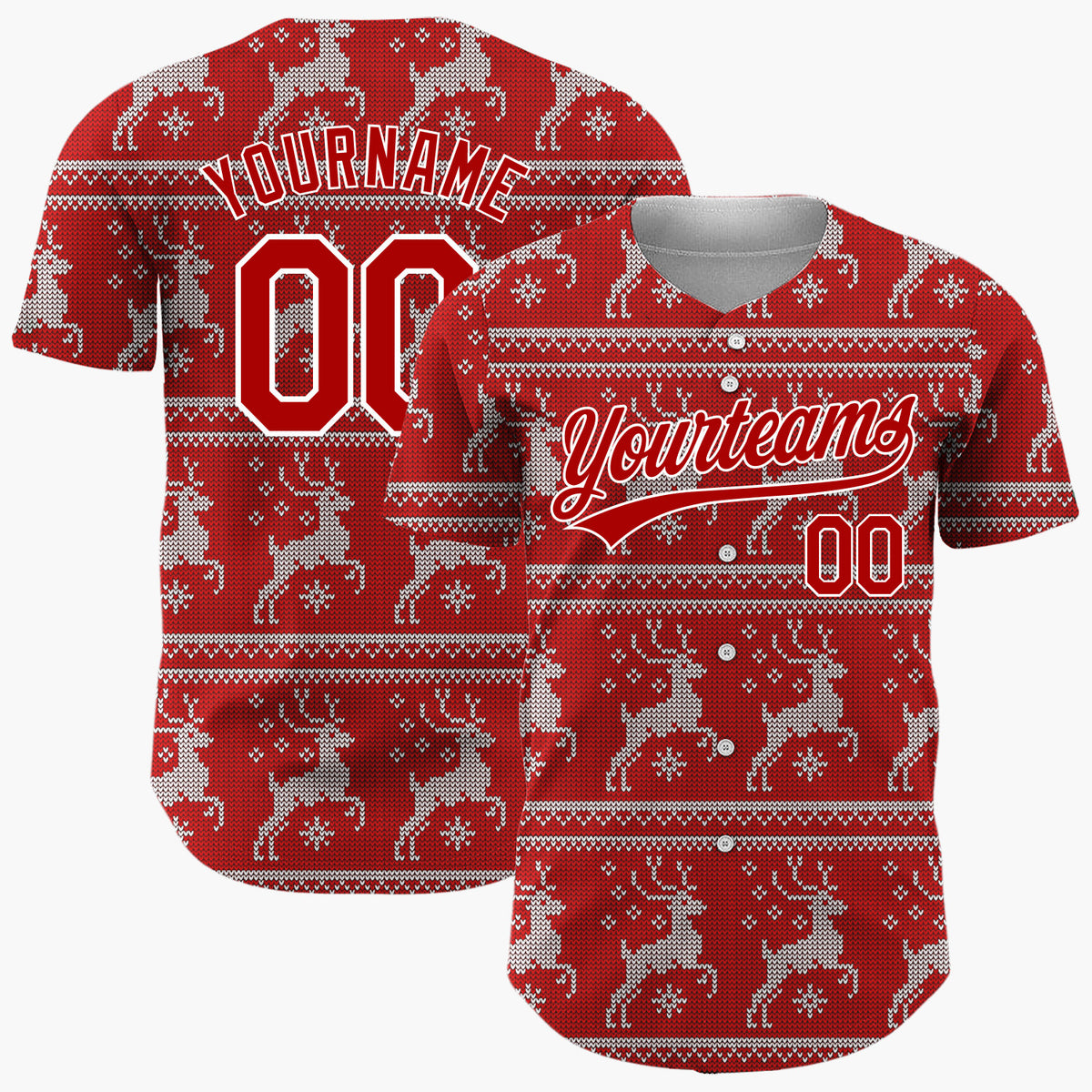 Custom Red Leaping Reindeer Nordic Fair Isle Knitted Pattern Christmas Baseball Jersey