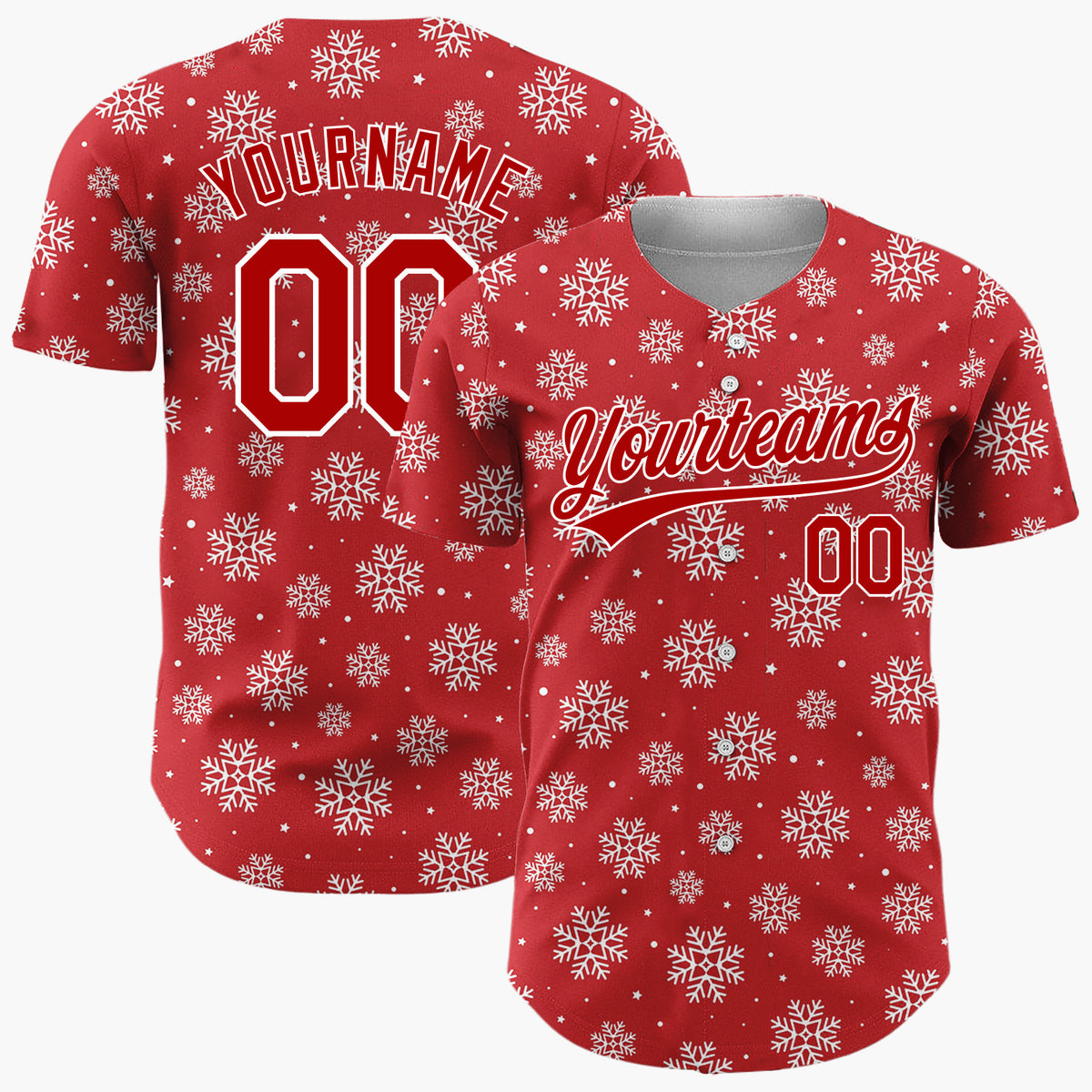 Custom Red White Scattered Snowflakes Stars Winter Pattern Christmas Baseball Jersey