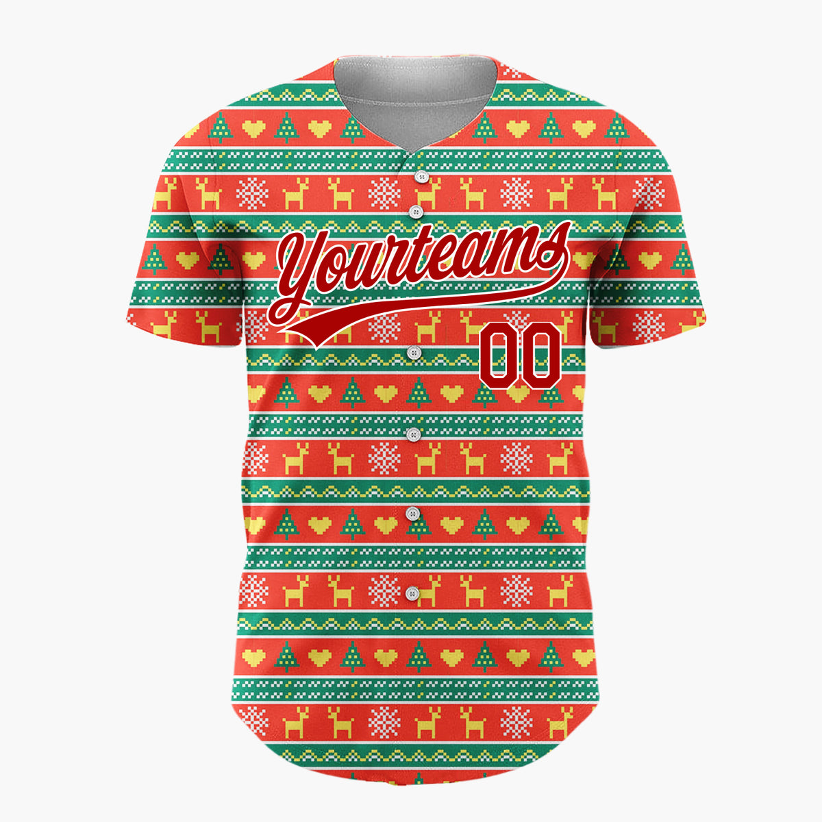 Custom Red Green Reindeer Trees And Hearts Pixel Knit Christmas Baseball Jersey