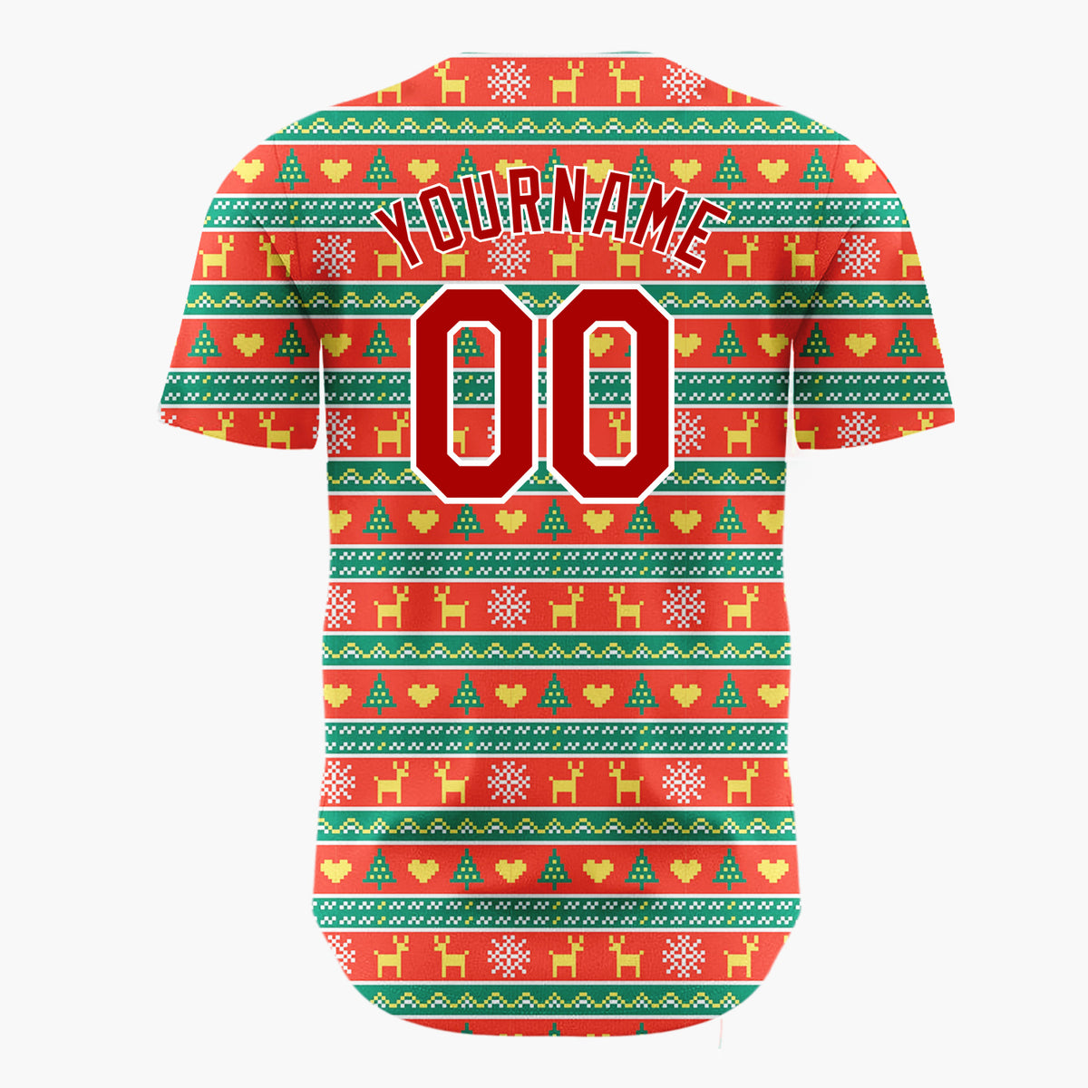 Custom Red Green Reindeer Trees And Hearts Pixel Knit Christmas Baseball Jersey