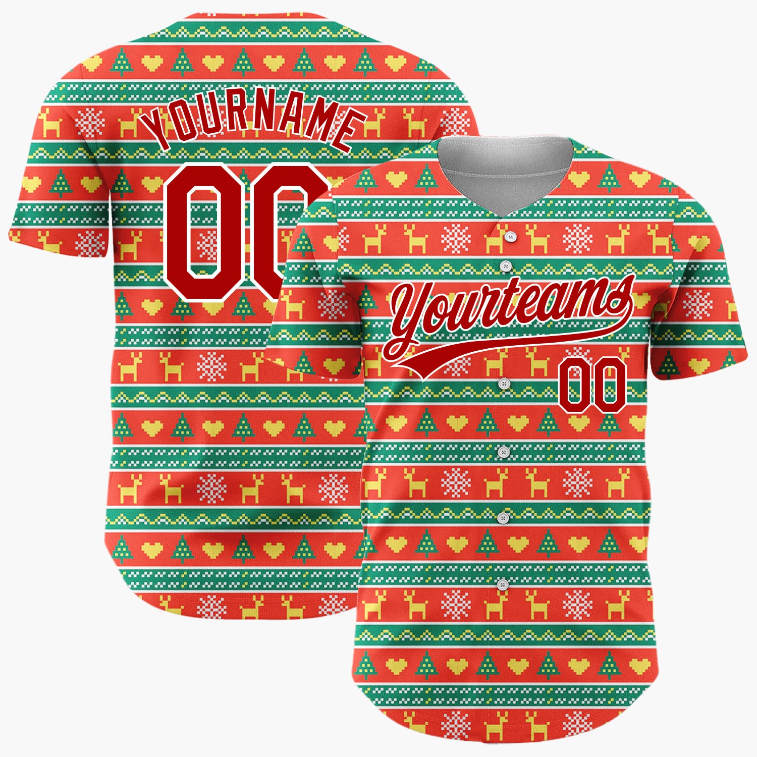 Custom Red Green Reindeer Trees And Hearts Pixel Knit Christmas Baseball Jersey
