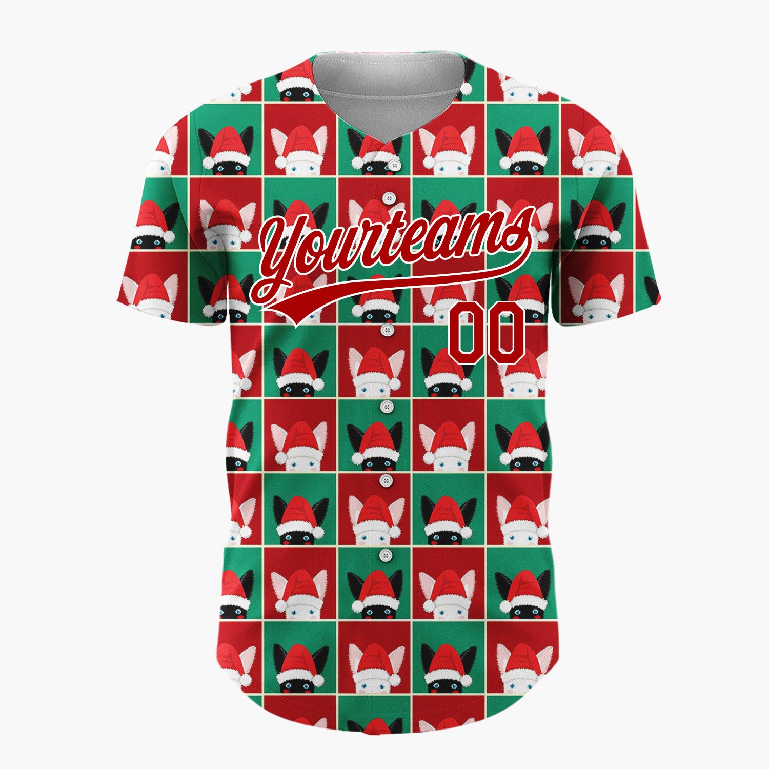 Custom Red Green Cat Face Checkerboard Cute Christmas Baseball Jersey