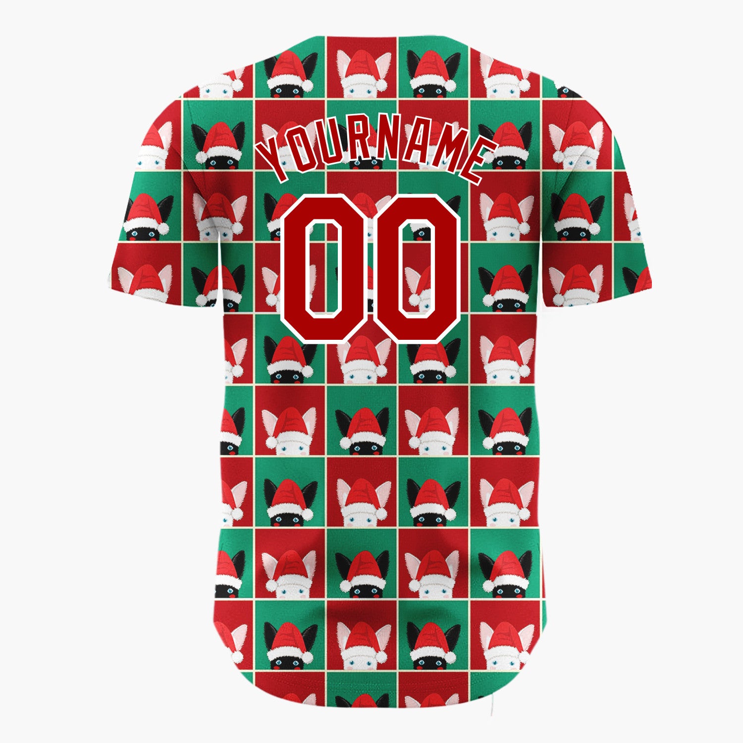 Custom Red Green Cat Face Checkerboard Cute Christmas Baseball Jersey