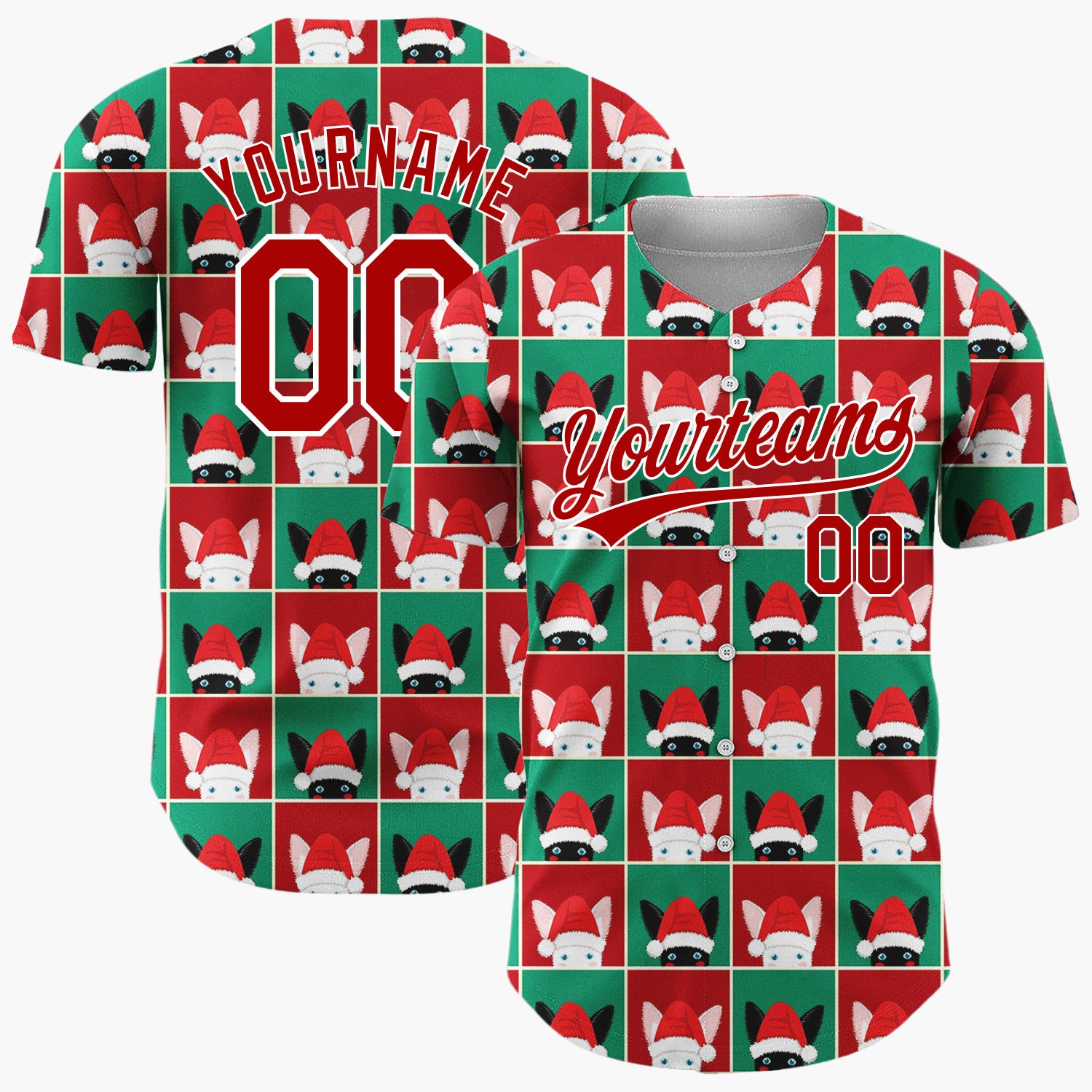 Custom Red Green Cat Face Checkerboard Cute Christmas Baseball Jersey