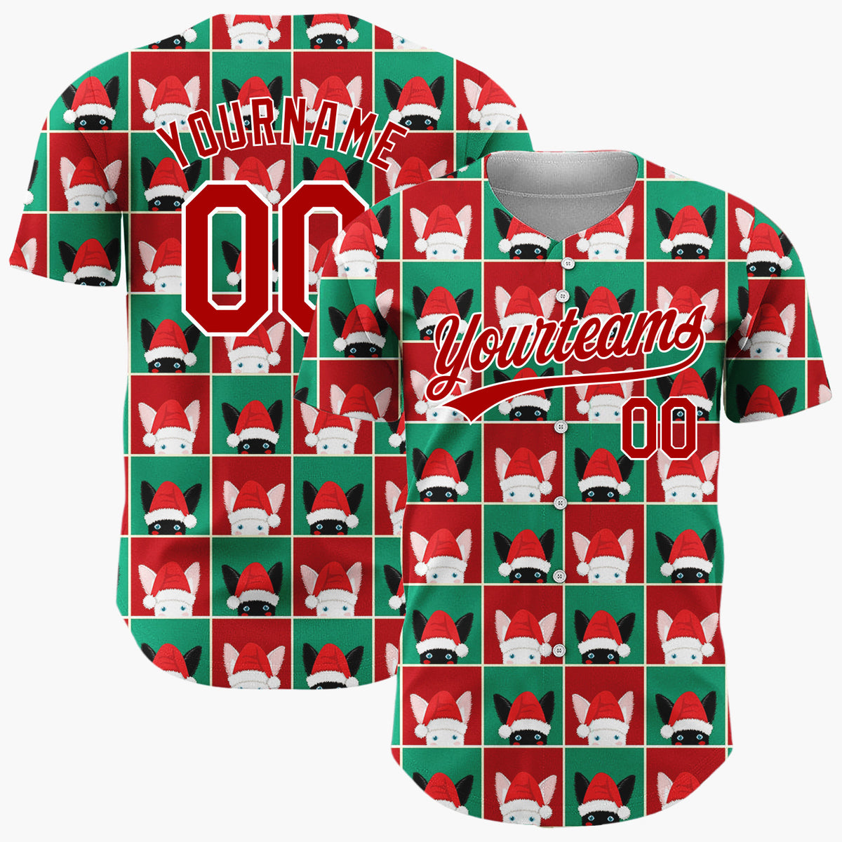 Custom Red Green Cat Face Checkerboard Cute Christmas Baseball Jersey