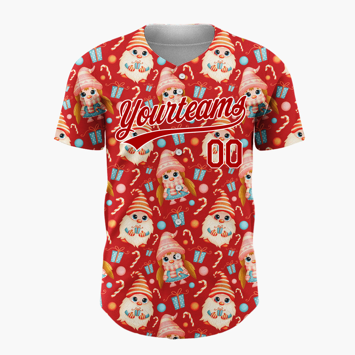 Custom Red Cute Gnome Candy Kawaii Pattern Christmas Baseball Jersey