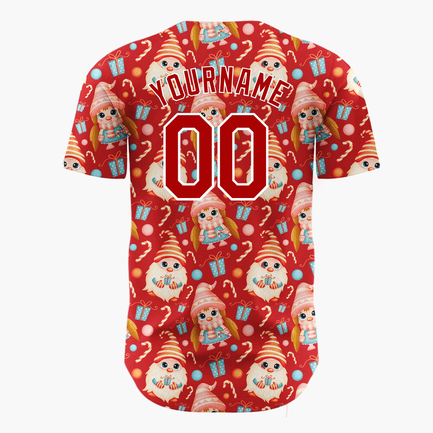 Custom Red Cute Gnome Candy Kawaii Pattern Christmas Baseball Jersey