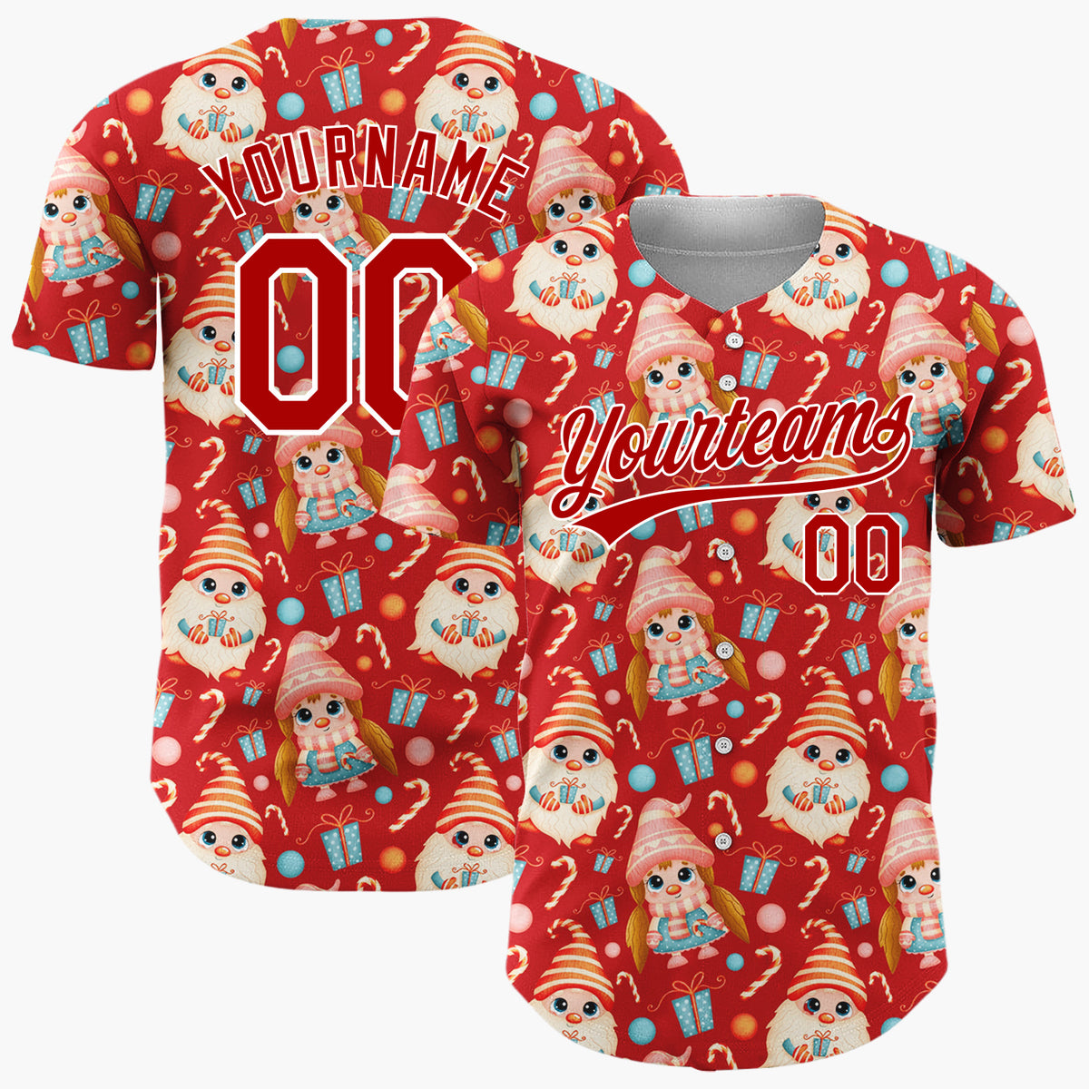 Custom Red Cute Gnome Candy Kawaii Pattern Christmas Baseball Jersey