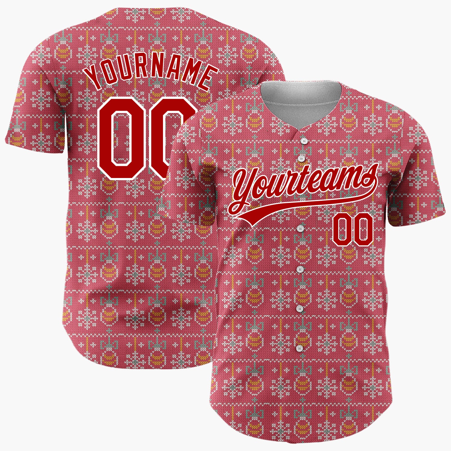 Custom Red White Baubles Snowflakes And Bows Knitted Christmas Baseball Jersey