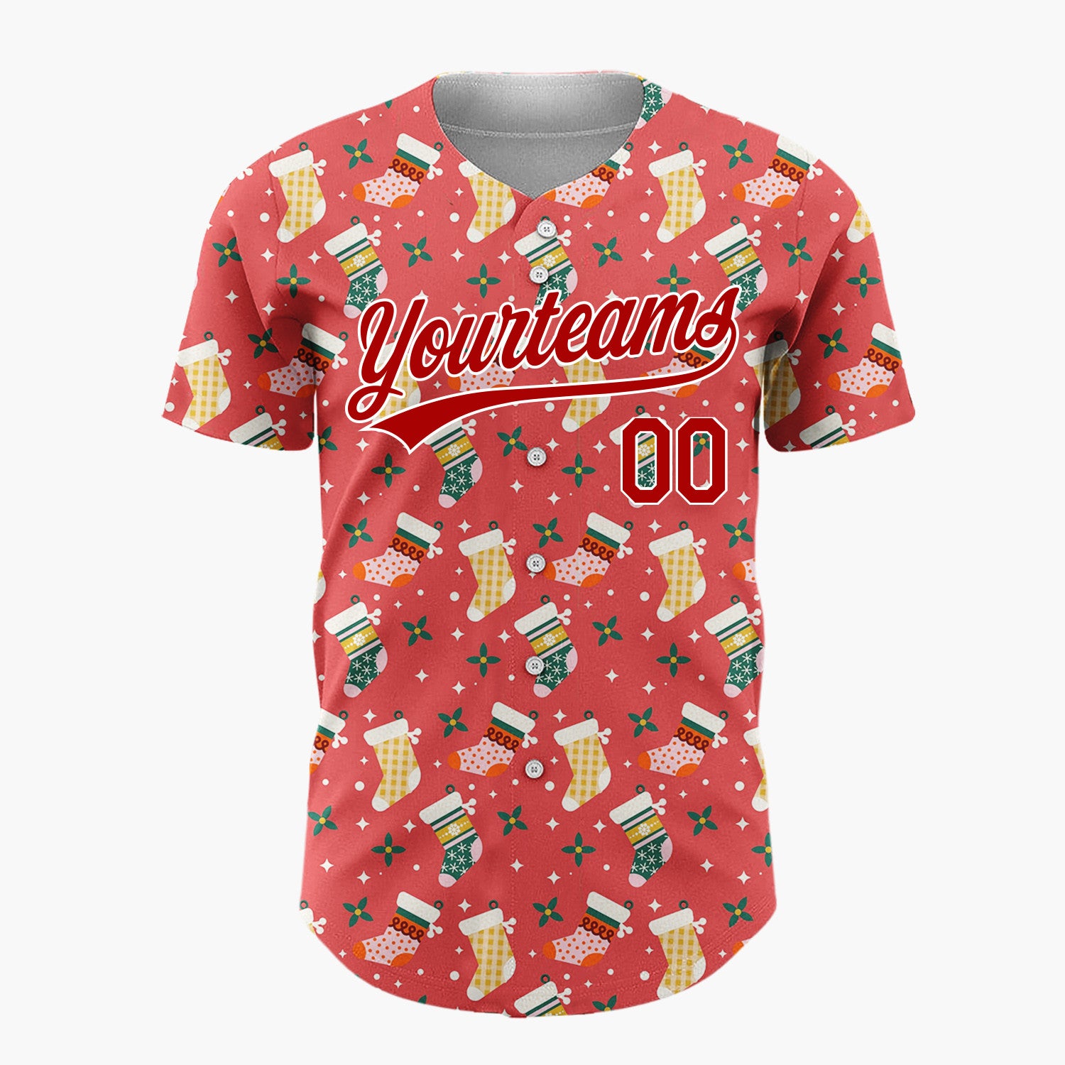 Custom Red White Decorated Stockings Festive Apparel Pattern Christmas Baseball Jersey