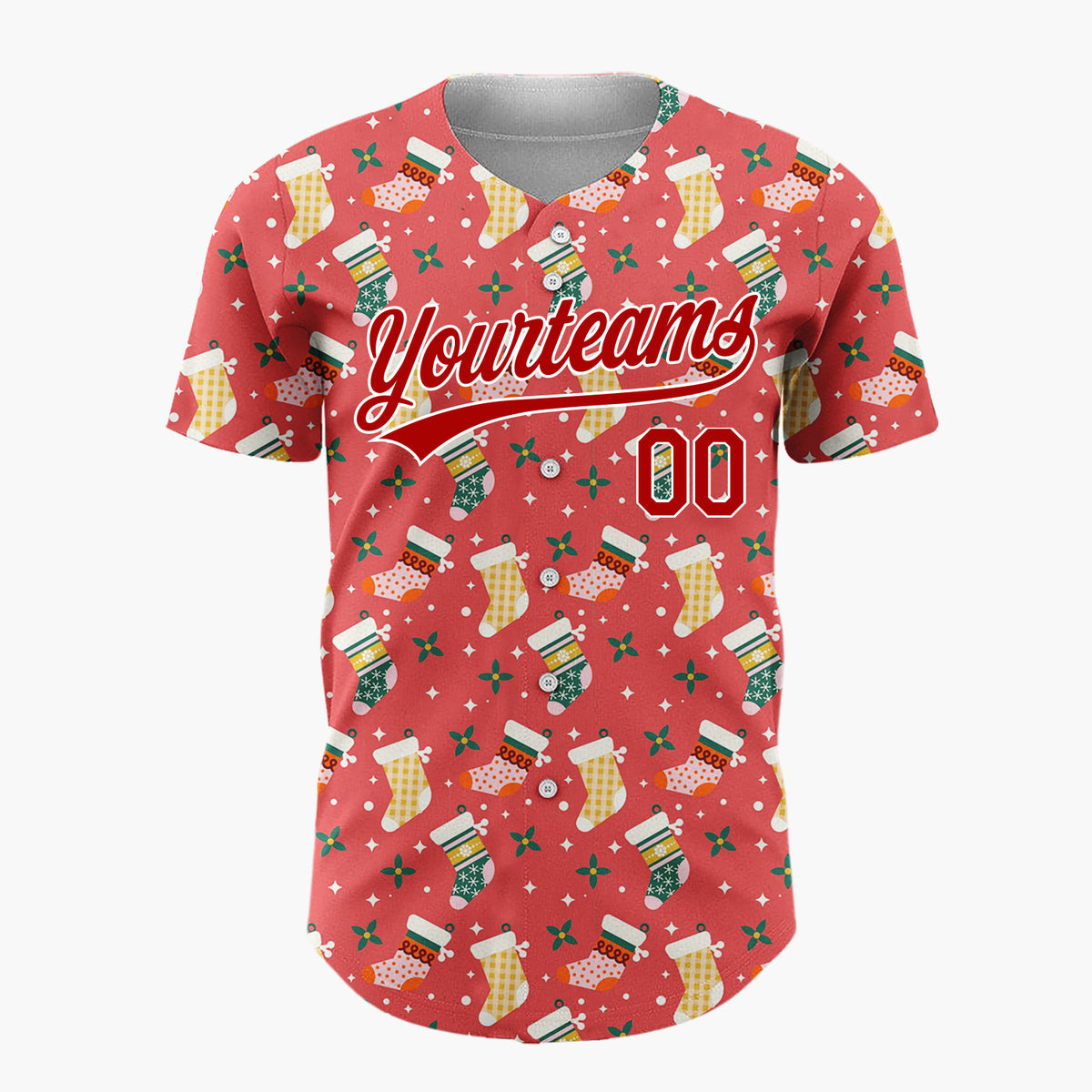 Custom Red White Decorated Stockings Festive Apparel Pattern Christmas Baseball Jersey