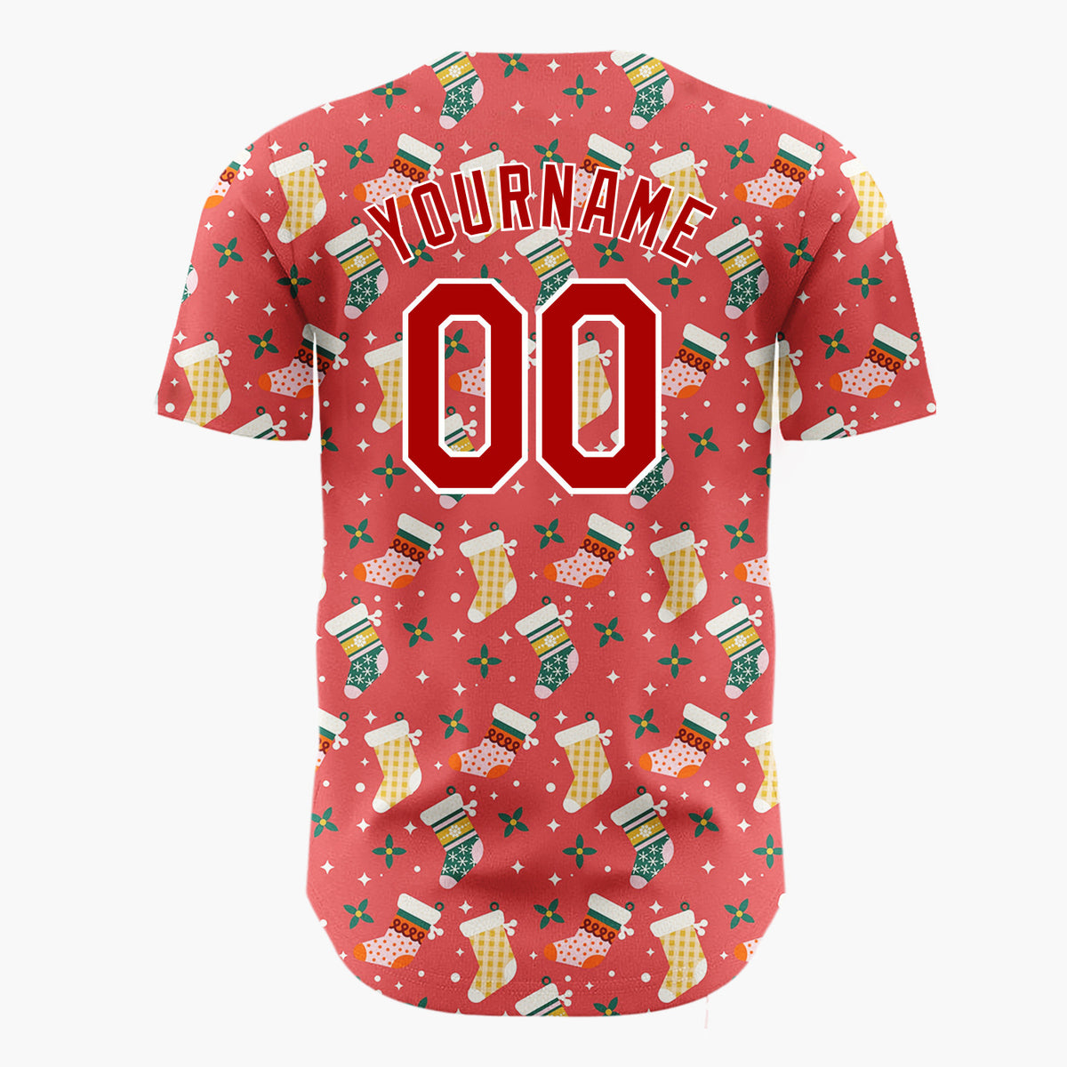 Custom Red White Decorated Stockings Festive Apparel Pattern Christmas Baseball Jersey
