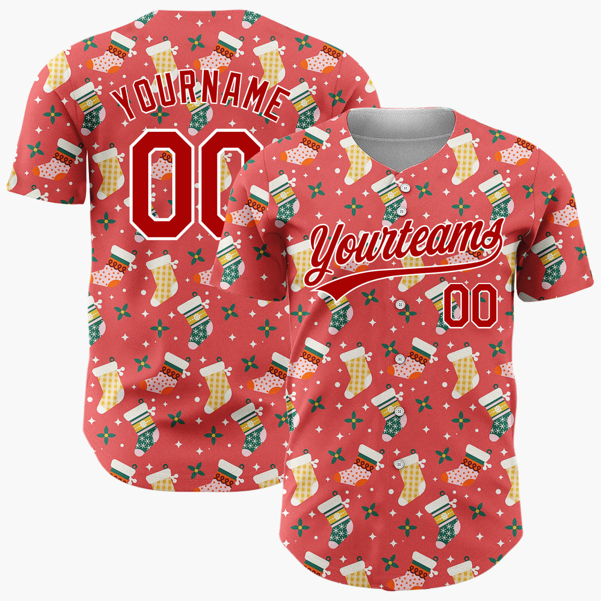 Custom Red White Decorated Stockings Festive Apparel Pattern Christmas Baseball Jersey