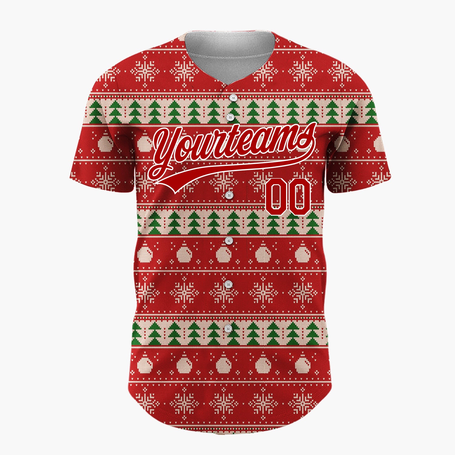 Custom Red Green And White Trees Snowflakes And Ornaments Nordic Knit Christmas Baseball Jersey