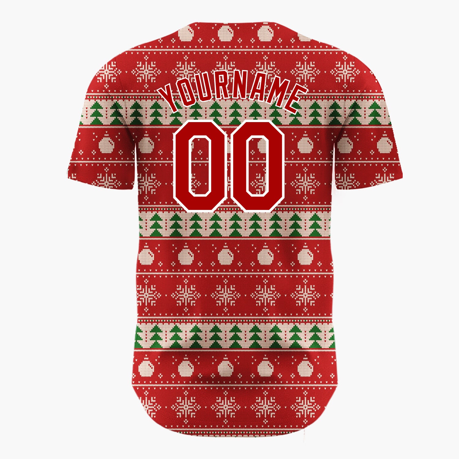 Custom Red Green And White Trees Snowflakes And Ornaments Nordic Knit Christmas Baseball Jersey