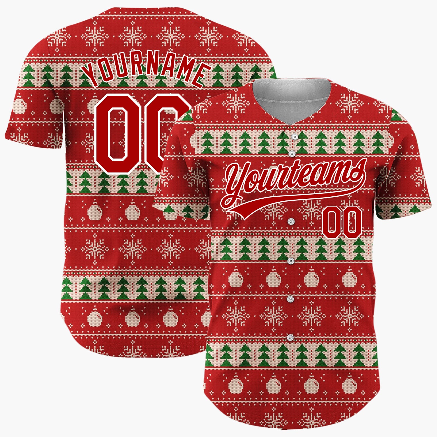Custom Red Green And White Trees Snowflakes And Ornaments Nordic Knit Christmas Baseball Jersey