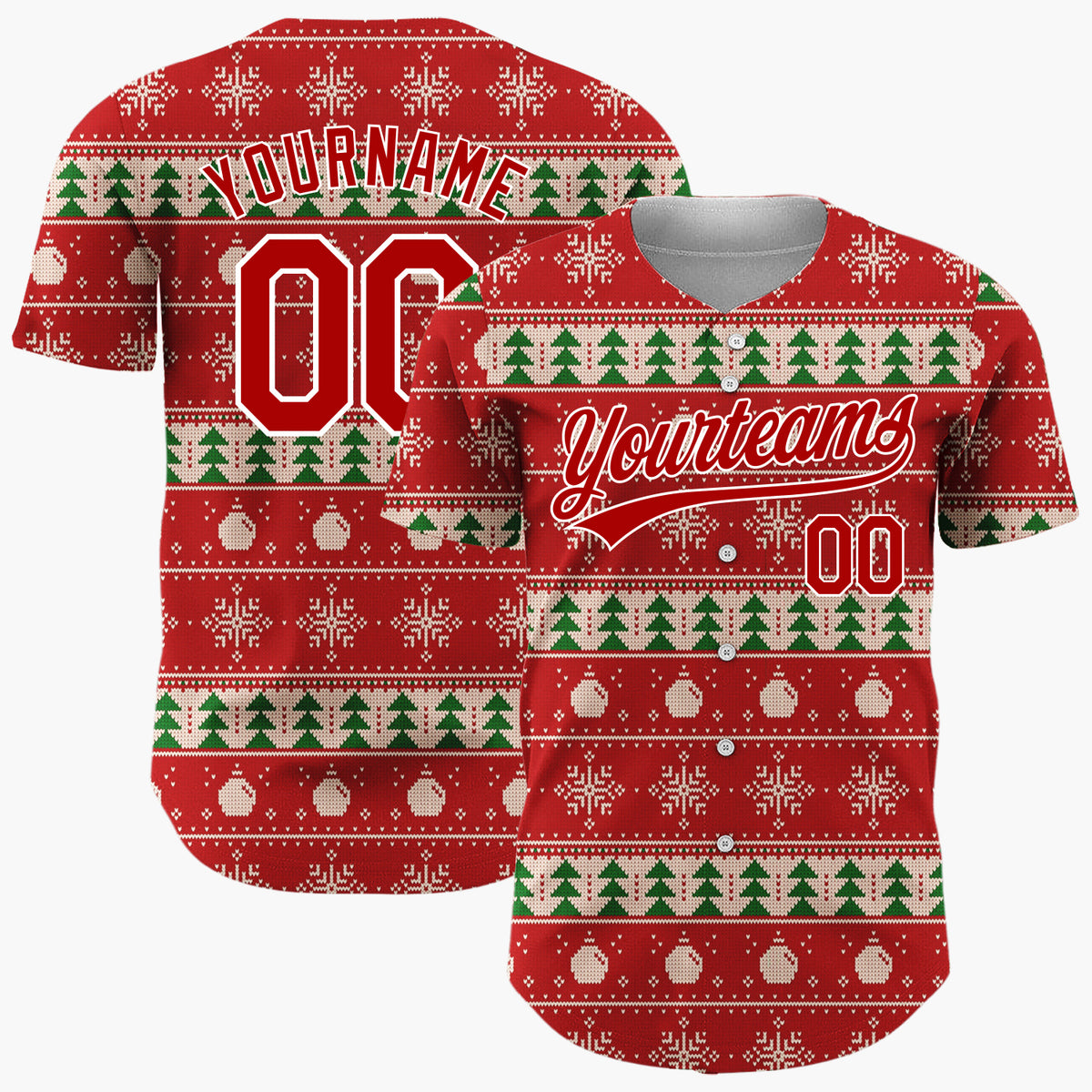 Custom Red Green And White Trees Snowflakes And Ornaments Nordic Knit Christmas Baseball Jersey