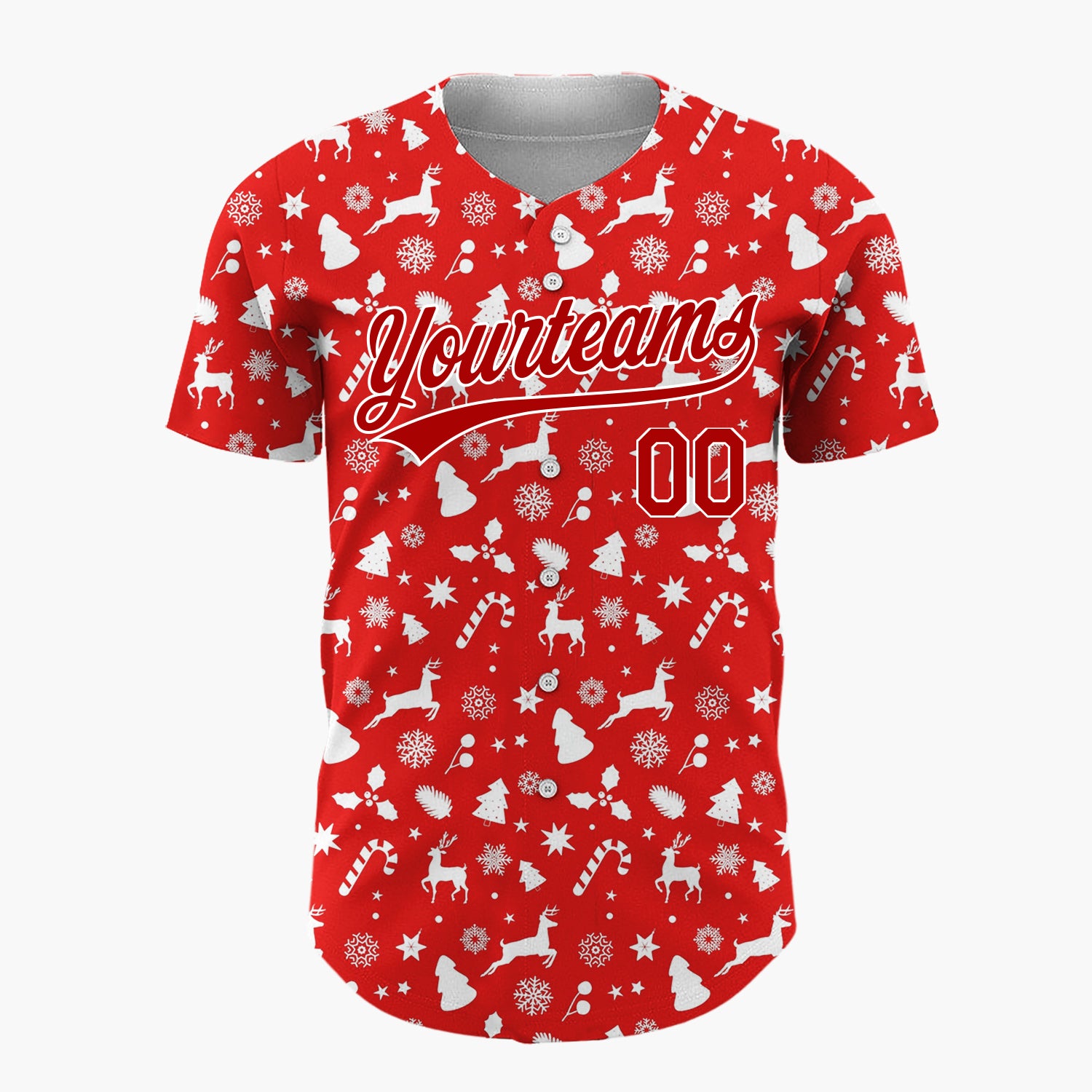 Custom Red Reindeer Candy Canes And Snowflakes Classic Christmas Baseball Jersey