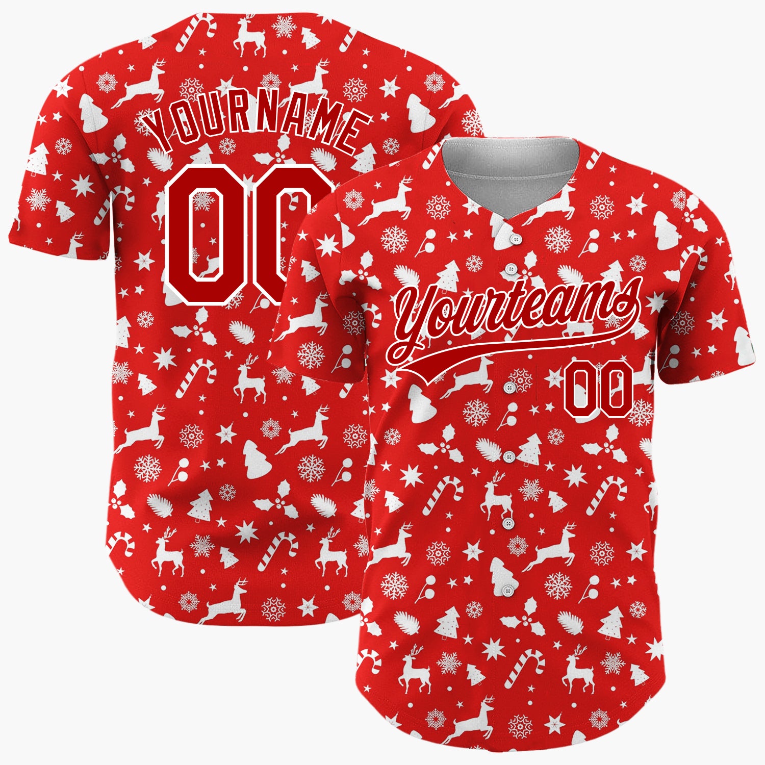 Custom Red Reindeer Candy Canes And Snowflakes Classic Christmas Baseball Jersey