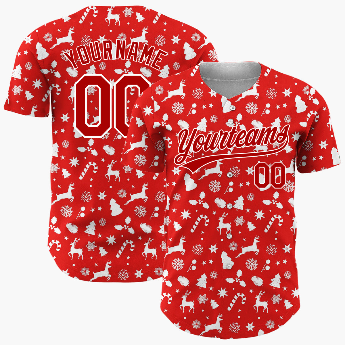 Custom Red Reindeer Candy Canes And Snowflakes Classic Christmas Baseball Jersey