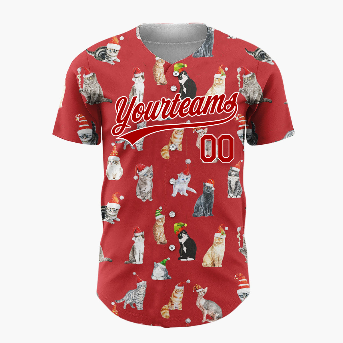 Custom Red Watercolor Cats In Santa Hats Whimsical Christmas Baseball Jersey