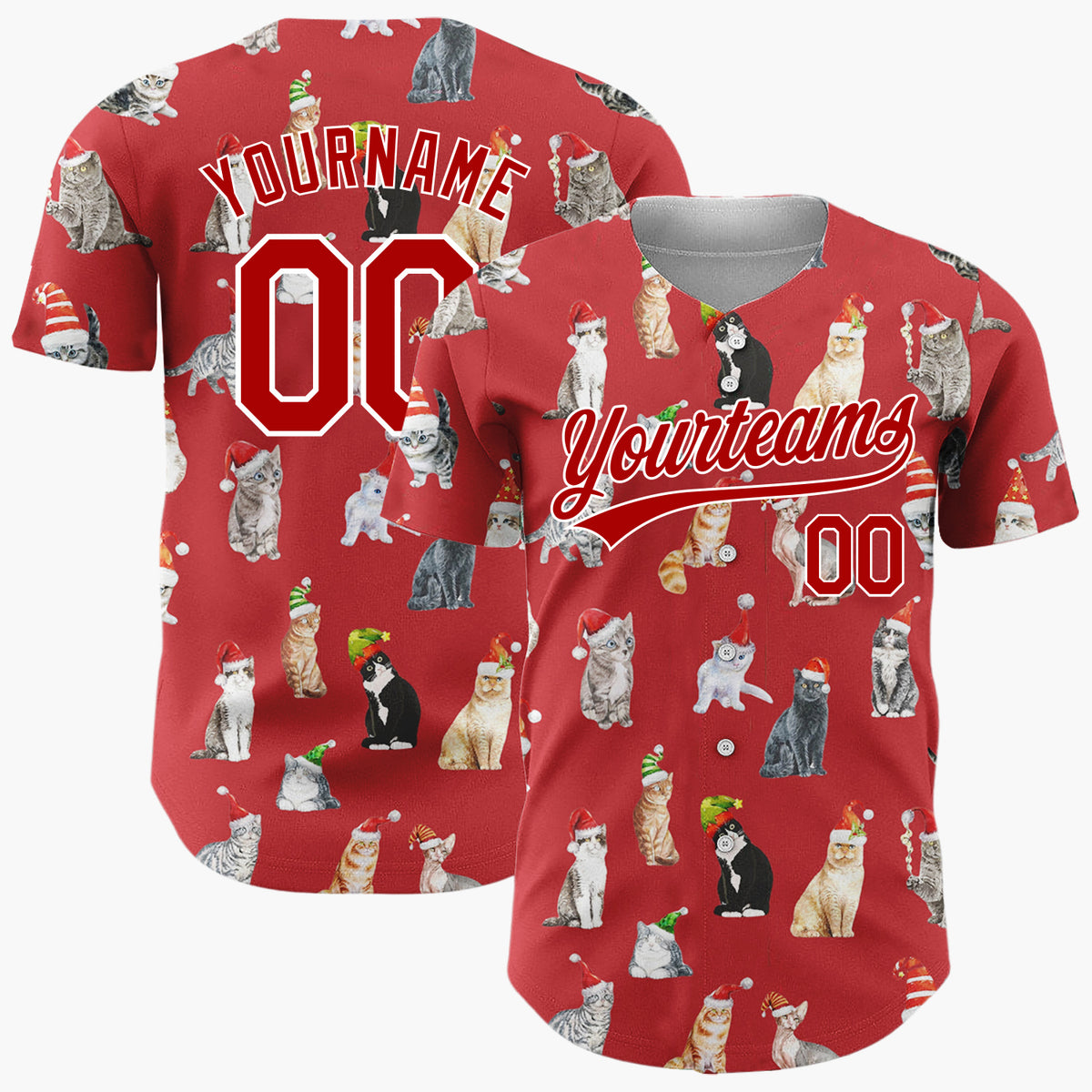 Custom Red Watercolor Cats In Santa Hats Whimsical Christmas Baseball Jersey