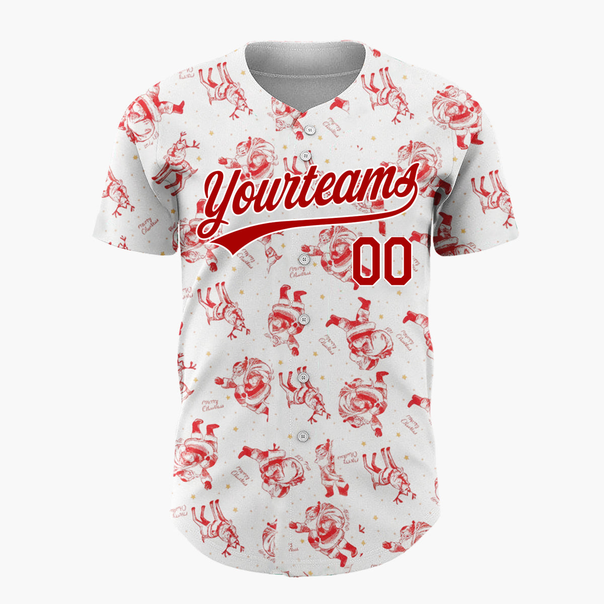 Custom Red White Santa Claus And Reindeers Merry Christmas Baseball Jersey