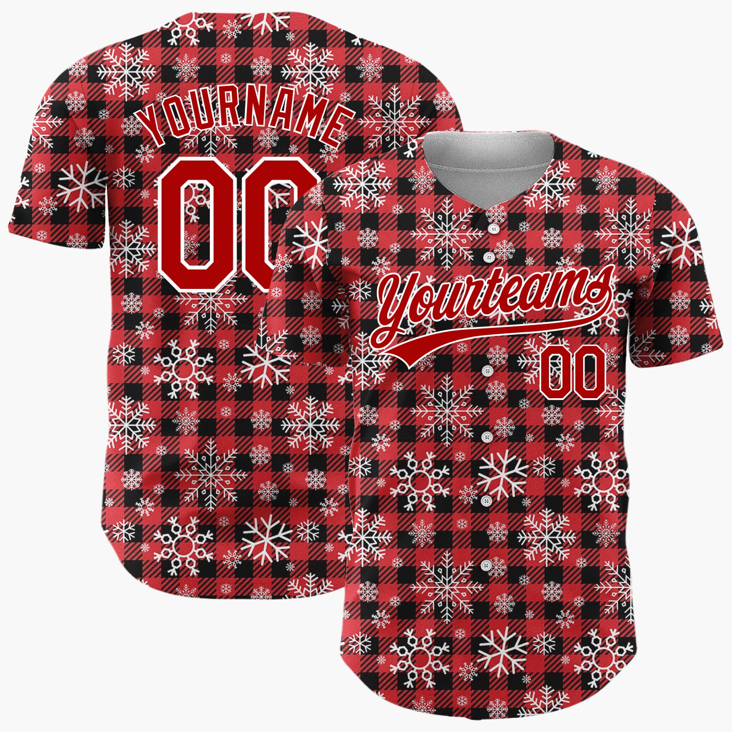 Custom Red Plaid Snowflakes Classic Plaid Pattern Christmas Baseball Jersey