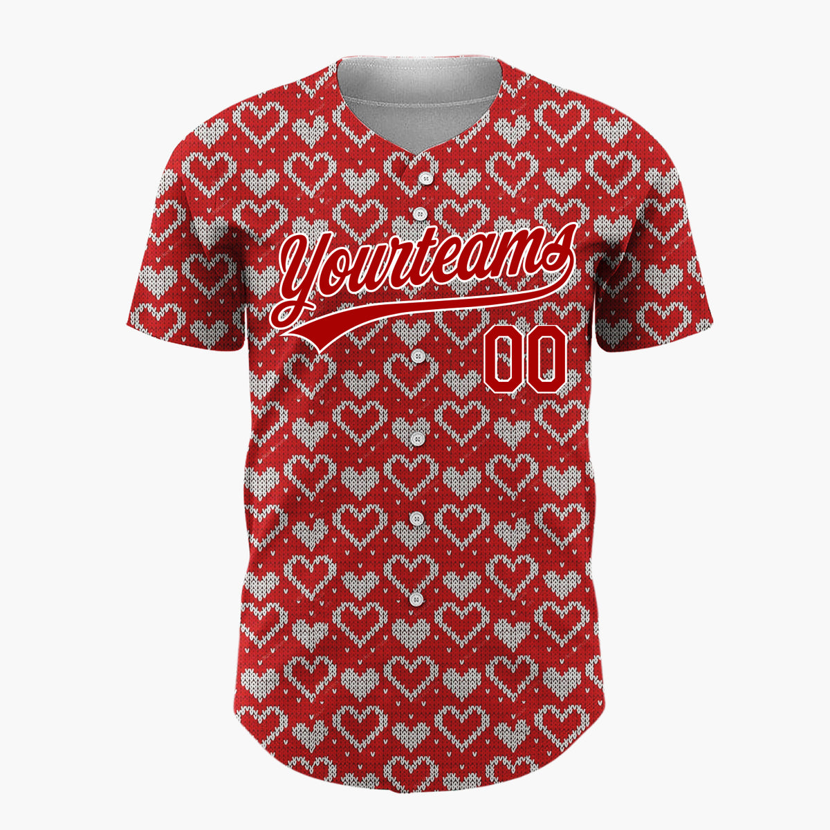 Custom Red Tiny White Hearts Fair Isle Knitted Pattern Christmas Baseball Jersey