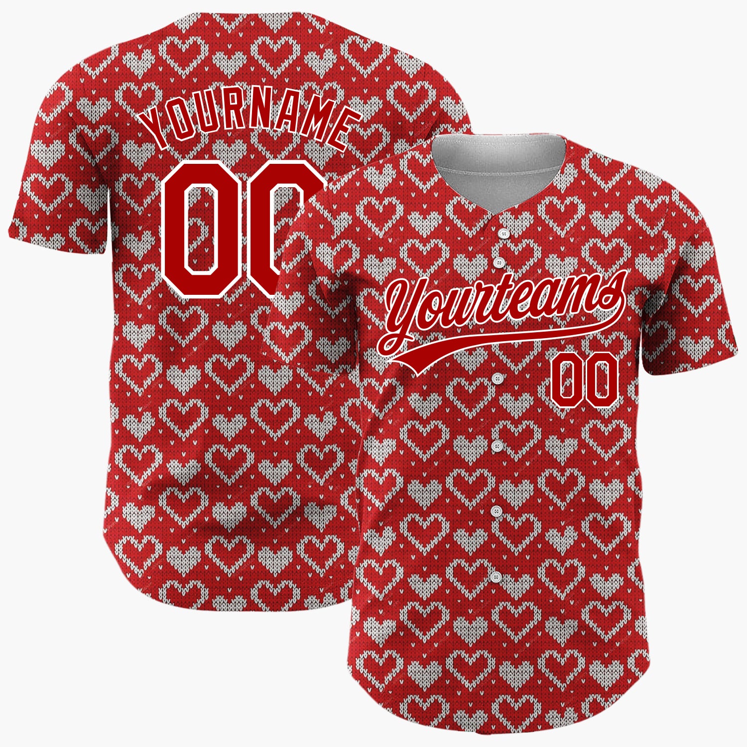 Custom Red Tiny White Hearts Fair Isle Knitted Pattern Christmas Baseball Jersey