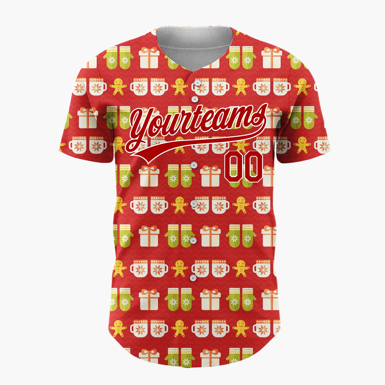 Custom Red Green Gingerbread Man Mitten Mug Striped Pattern Christmas Baseball Jersey