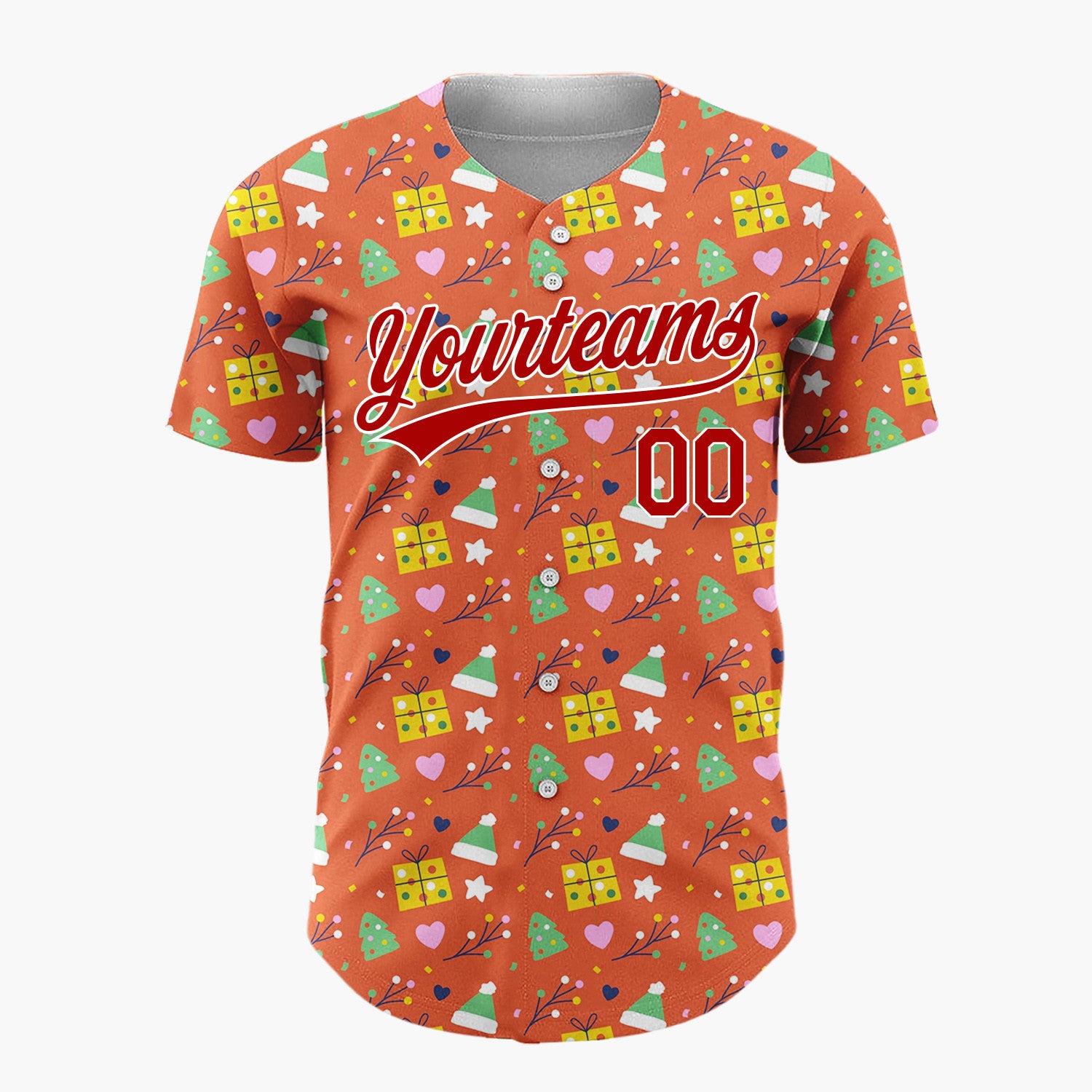 Custom Red Green Yellow Gifts Trees And Hearts Playful Abstract Pattern Christmas Baseball Jersey